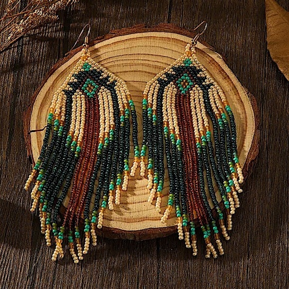 Bohemian Beaded Dangle Tassel Earrings, Tribal Design, Western, Boho, Fringe - Picture 2 of 5